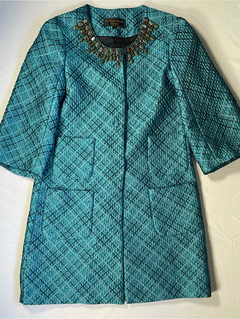 Vintage 90s / Y2K Vivienne Midow Teal Jacquard Jeweled Collar Coat - Size 2